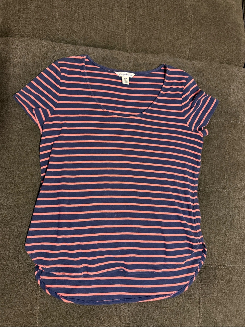 Tommy Bahama Navy and Pink Striped Scoop Neck Tee